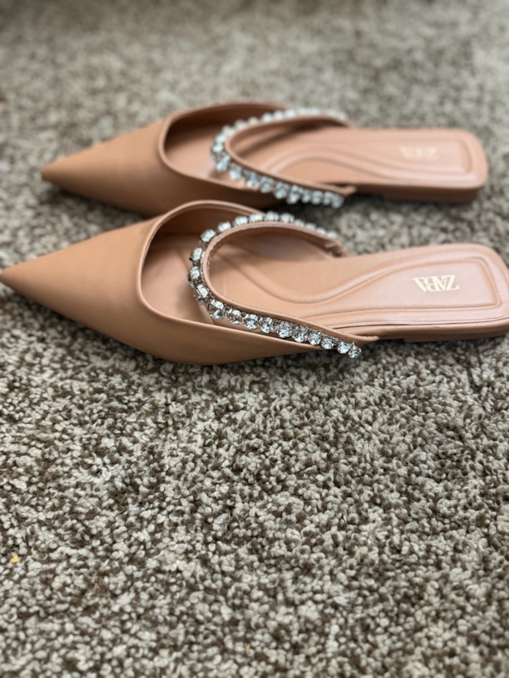 ZARA Tan Pointed-Toe Mules with Crystal Strap